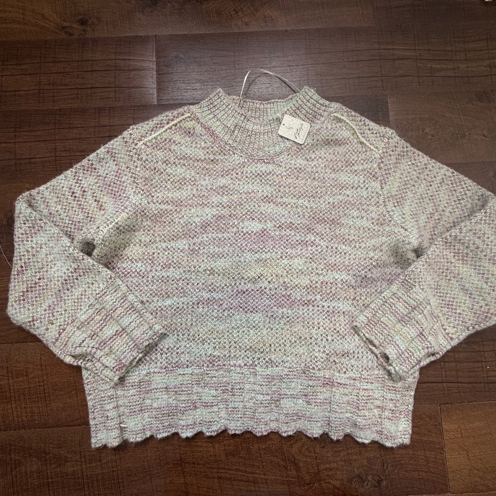Free People Sweater Women L Gardenia Blossom Pink Green Scalloped Crew Neck Boho